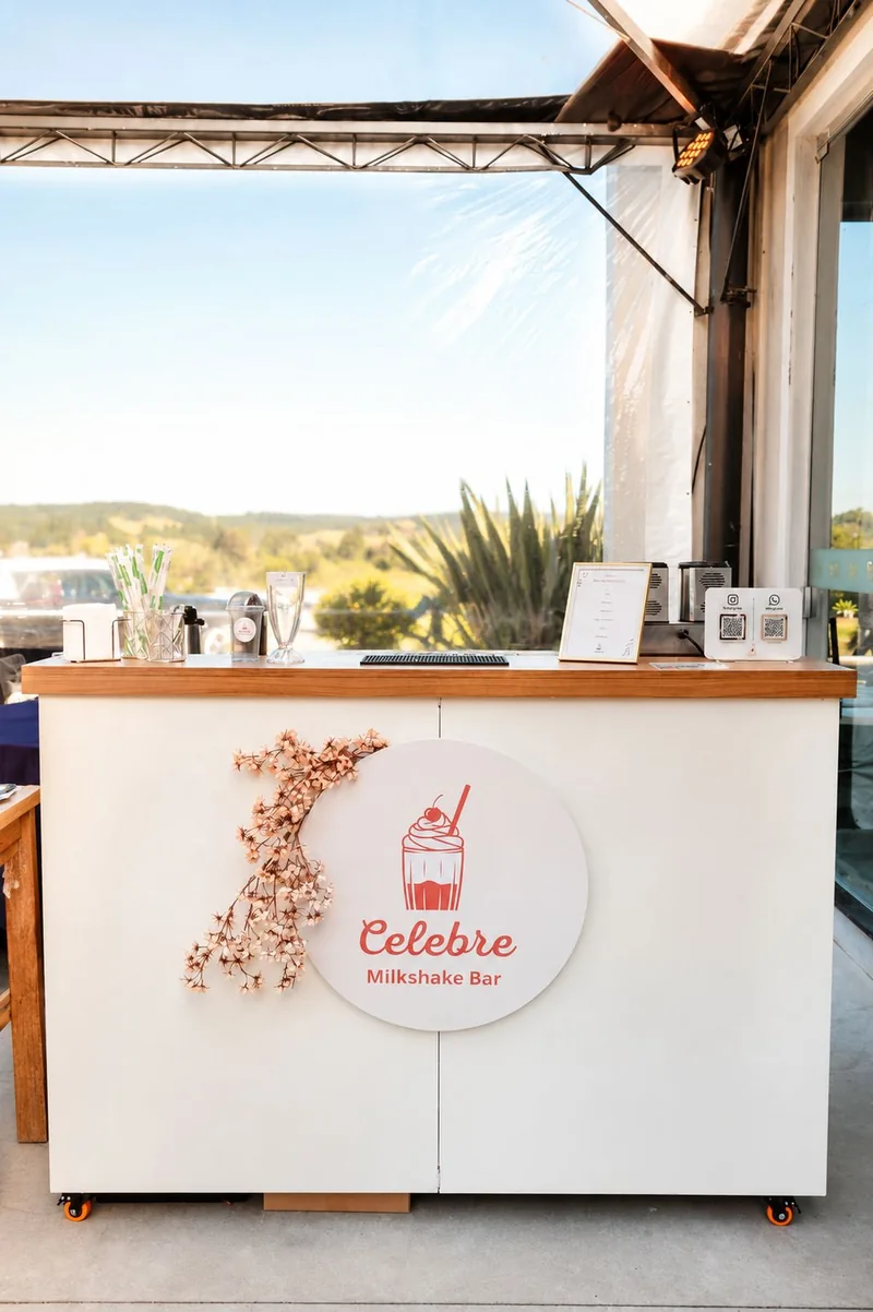 Balcão da Celebre em ambiente coberto, com tampo de madeira e detalhes florais